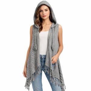 DECREE Gray‎ Crochet Knit Hooded Fringe Vest Cardigan Women's M M